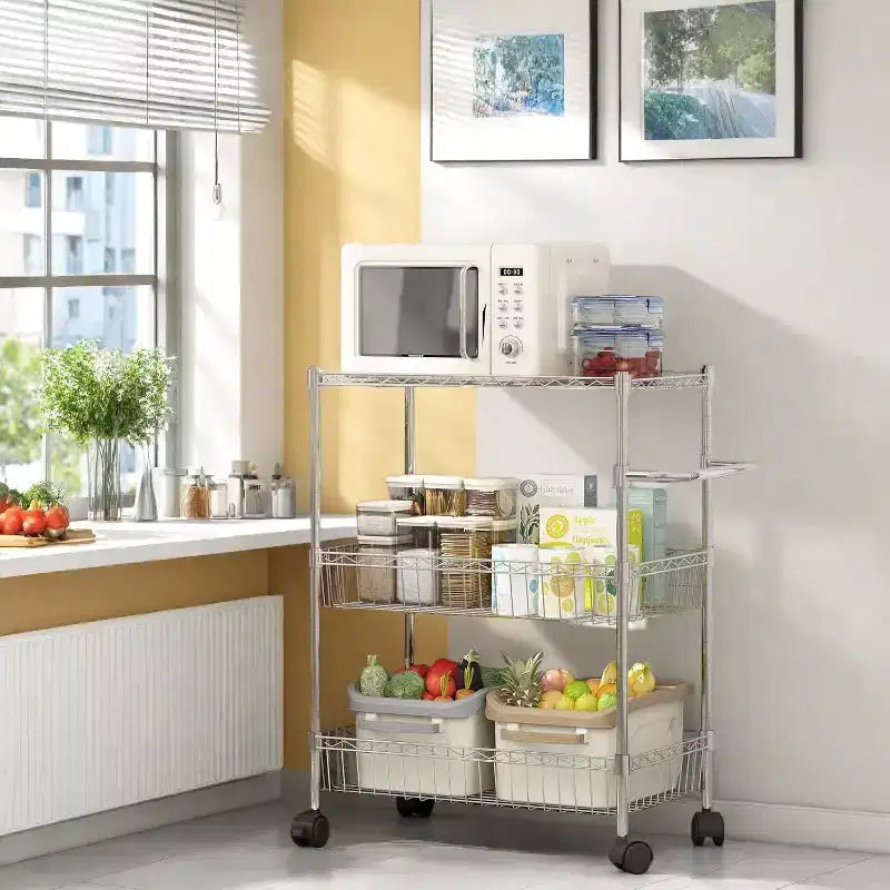GustoWave 3 Tier Wire Shelving Rolling Cart with Handles for Kitchen Bar Office