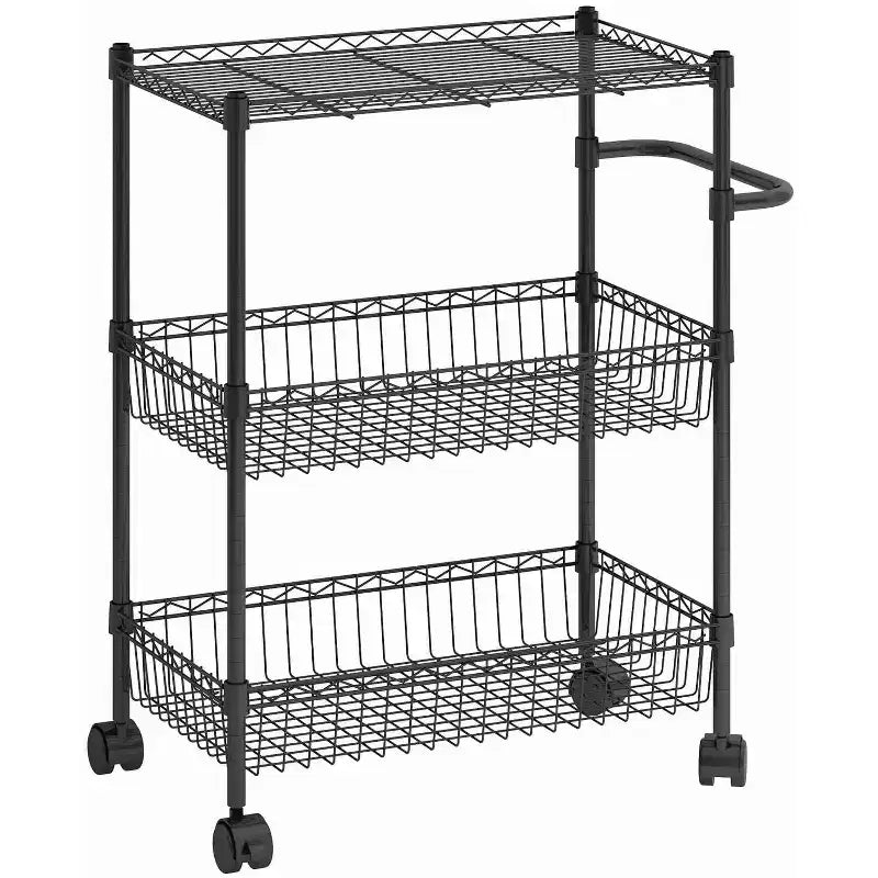 GustoWave 3 Tier Wire Shelving Rolling Cart with Handles for Kitchen Bar Office