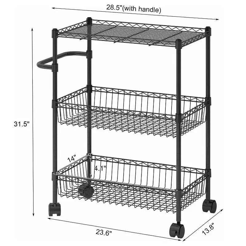 GustoWave 3 Tier Wire Shelving Rolling Cart with Handles for Kitchen Bar Office