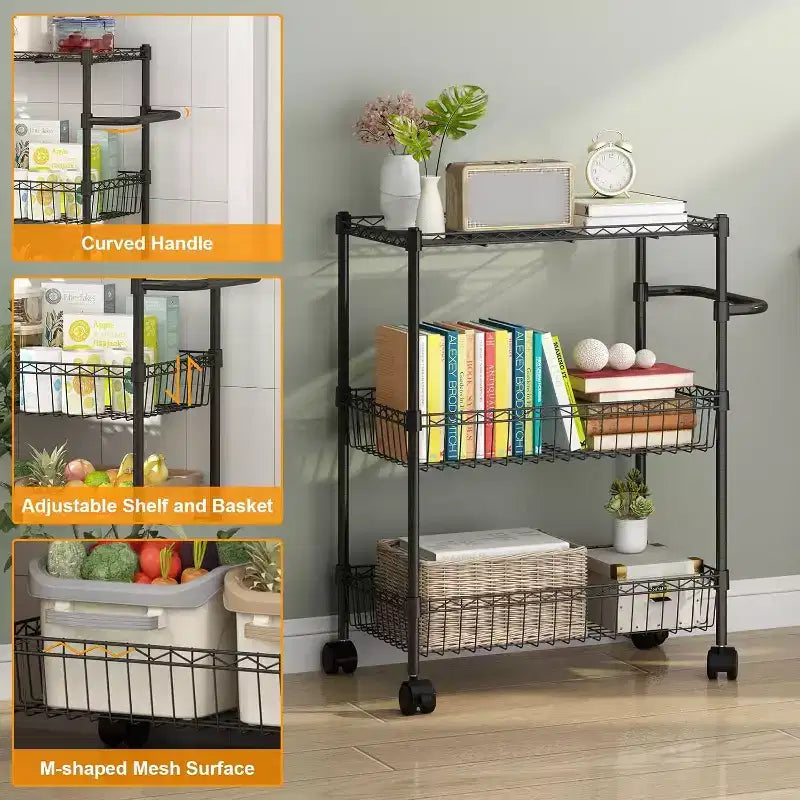 GustoWave 3 Tier Wire Shelving Rolling Cart with Handles for Kitchen Bar Office
