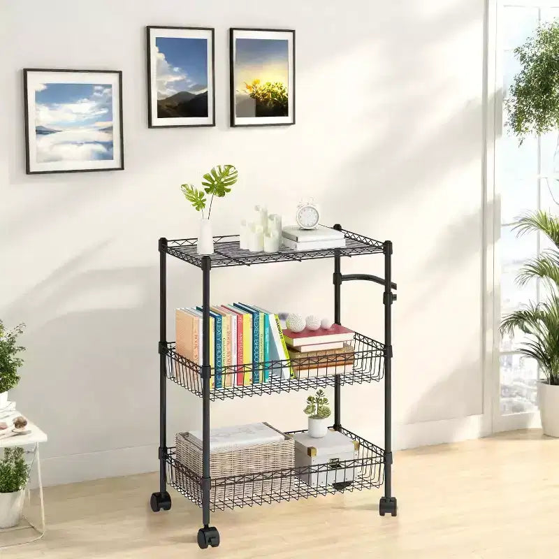 GustoWave 3 Tier Wire Shelving Rolling Cart with Handles for Kitchen Bar Office