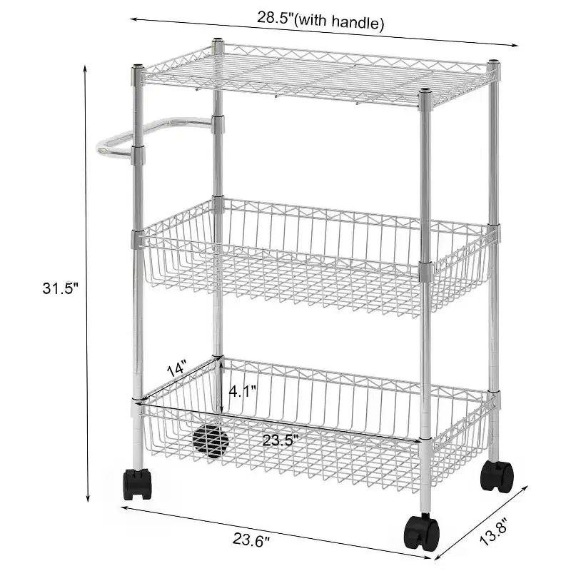 GustoWave 3 Tier Wire Shelving Rolling Cart with Handles for Kitchen Bar Office
