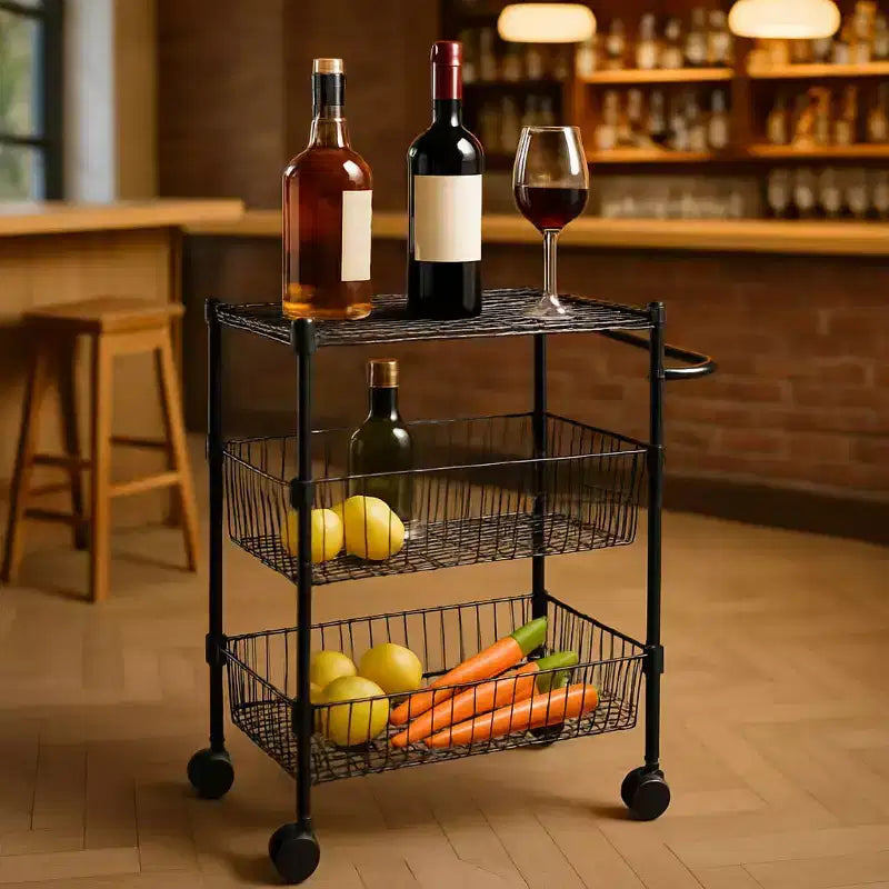 GustoWave 3 Tier Wire Shelving Rolling Cart with Handles for Kitchen Bar Office