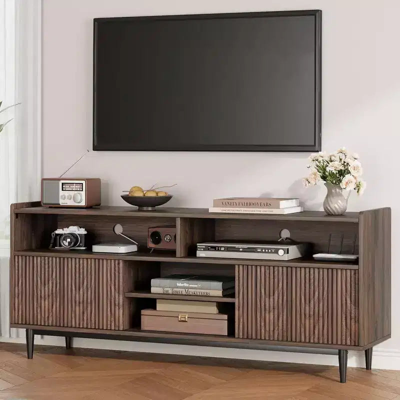GustoWave Rustic TV Stands, Entertainment Center with Sliding Doors & Adjustable Shelves
