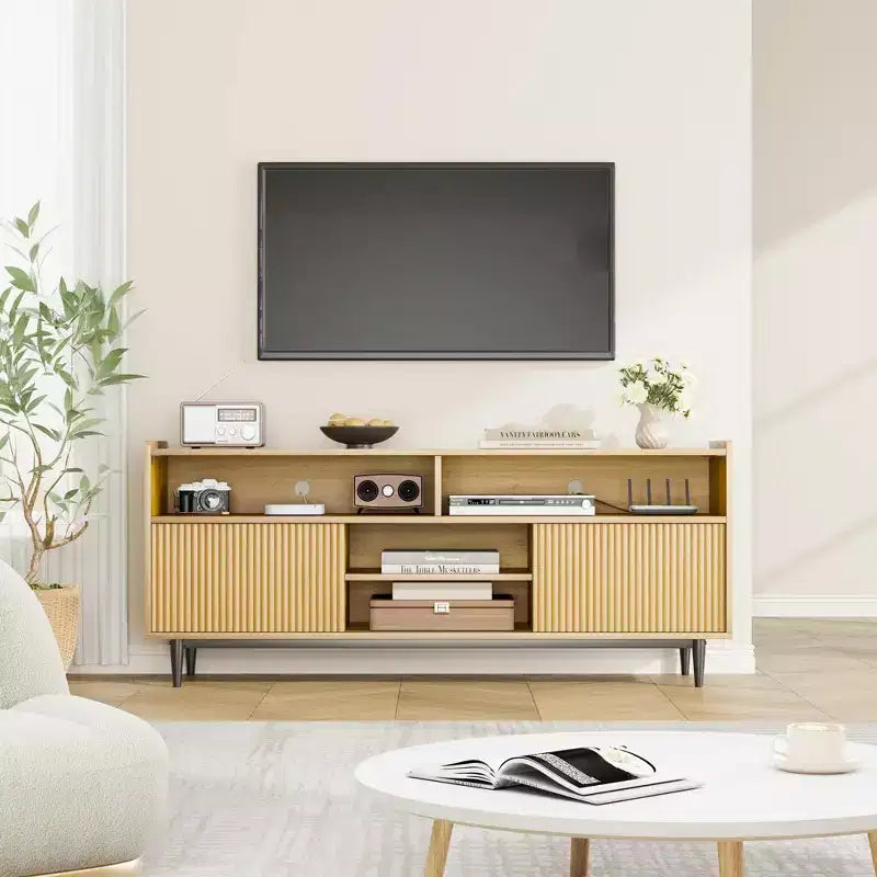 GustoWave Rustic TV Stands, Entertainment Center with Sliding Doors & Adjustable Shelves