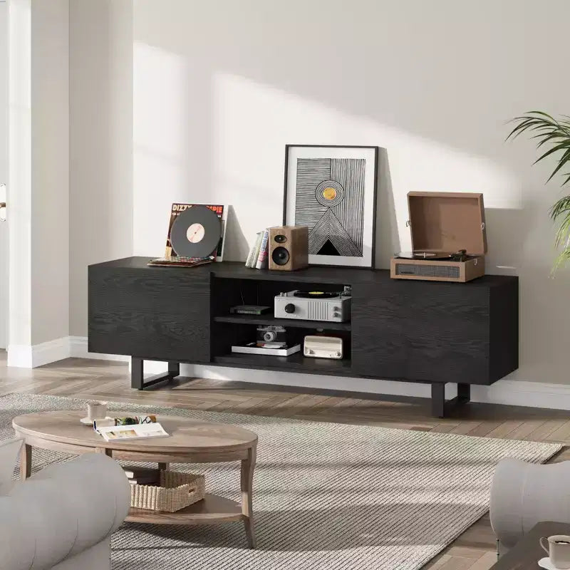 Meuble TV industriel Garvee pour 80 pouces, centre de divertissement moderne avec 2 tiroirs, meuble multimédia en bois avec pieds robustes pour salon, noir
