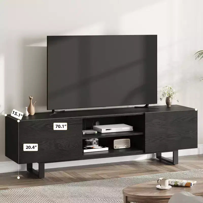 Meuble TV industriel Garvee pour 80 pouces, centre de divertissement moderne avec 2 tiroirs, meuble multimédia en bois avec pieds robustes pour salon, noir