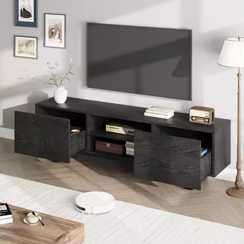 Meuble TV industriel Garvee pour 80 pouces, centre de divertissement moderne avec 2 tiroirs, meuble multimédia en bois avec pieds robustes pour salon, noir