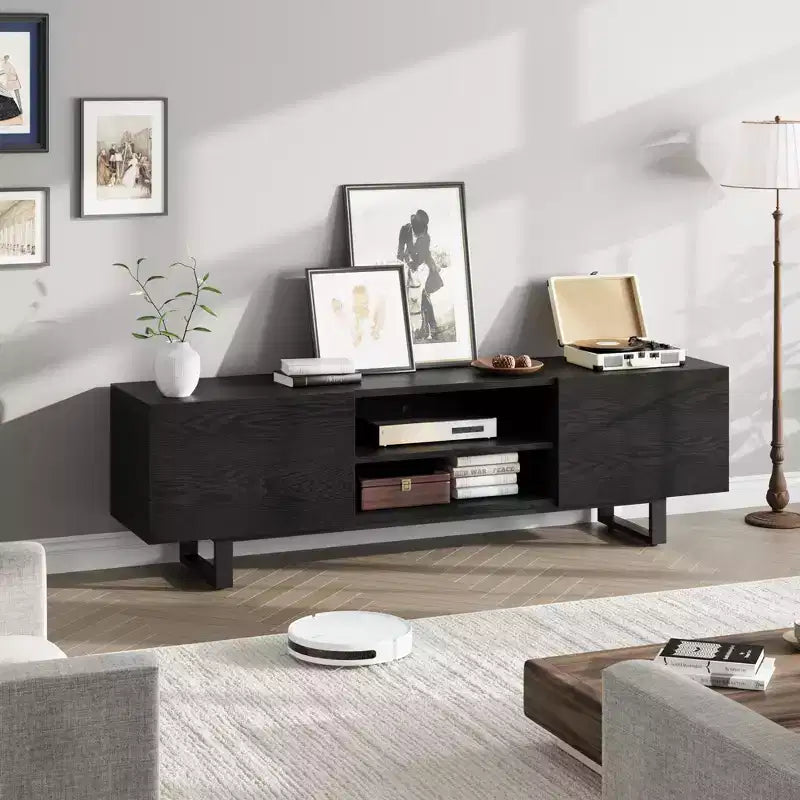 Meuble TV industriel Garvee pour 80 pouces, centre de divertissement moderne avec 2 tiroirs, meuble multimédia en bois avec pieds robustes pour salon, noir