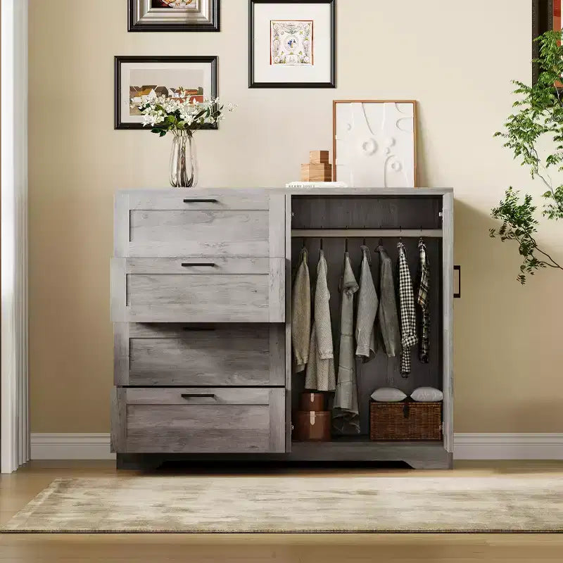 43.3'' H Armoire Wardrobe Closet with 4 Drawers and 2 Doors, Hanging Rod, Multifunctional Wooden Dresser, Bathroom Cabinet for Bedroom