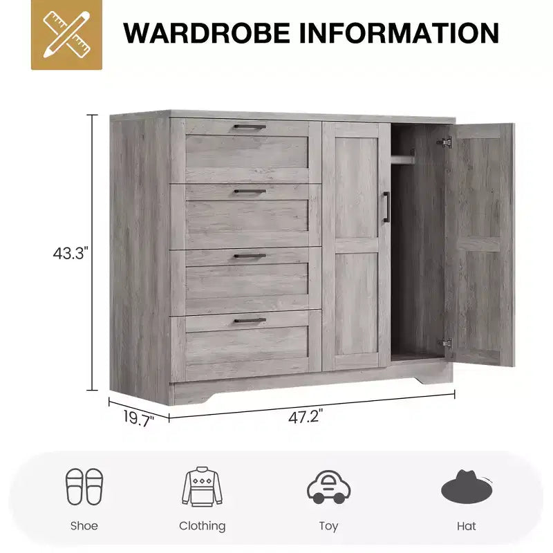 43.3'' H Armoire Wardrobe Closet with 4 Drawers and 2 Doors, Hanging Rod, Multifunctional Wooden Dresser, Bathroom Cabinet for Bedroom