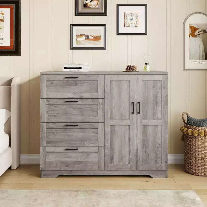 43.3'' H Armoire Wardrobe Closet with 4 Drawers and 2 Doors, Hanging Rod, Multifunctional Wooden Dresser, Bathroom Cabinet for Bedroom