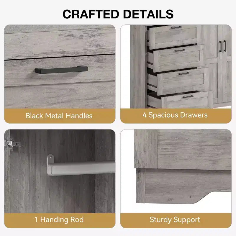 43.3'' H Armoire Wardrobe Closet with 4 Drawers and 2 Doors, Hanging Rod, Multifunctional Wooden Dresser, Bathroom Cabinet for Bedroom