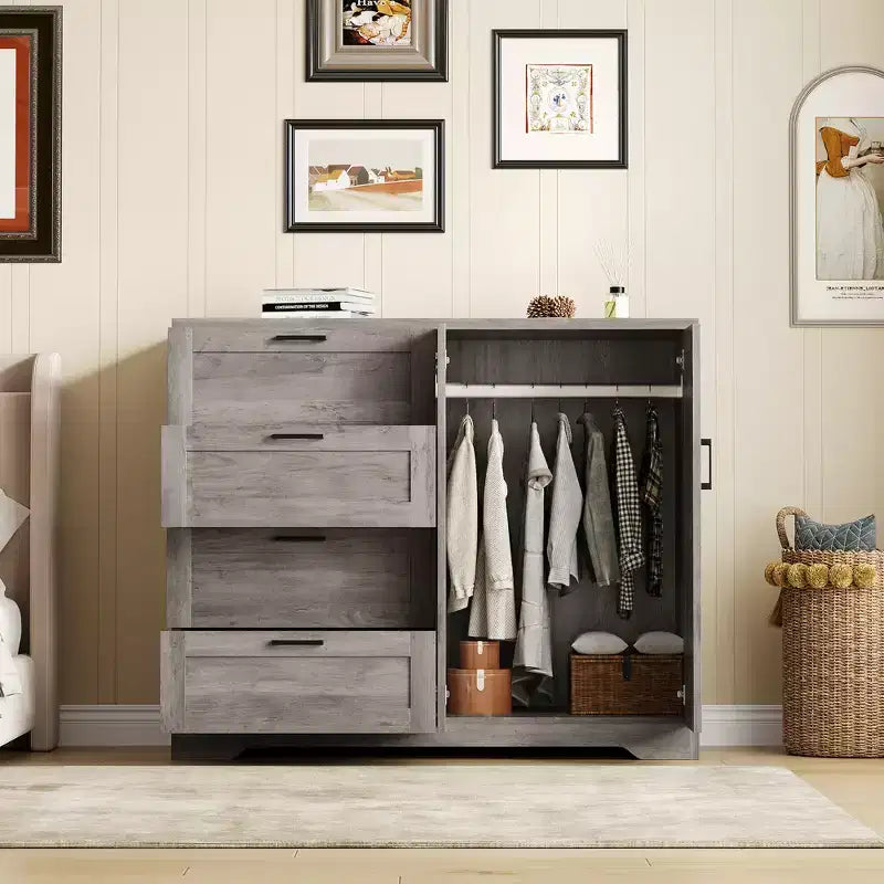 43.3'' H Armoire Wardrobe Closet with 4 Drawers and 2 Doors, Hanging Rod, Multifunctional Wooden Dresser, Bathroom Cabinet for Bedroom