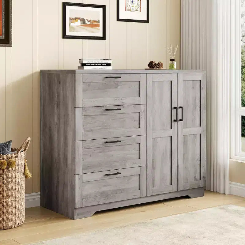43.3'' H Armoire Wardrobe Closet with 4 Drawers and 2 Doors, Hanging Rod, Multifunctional Wooden Dresser, Bathroom Cabinet for Bedroom
