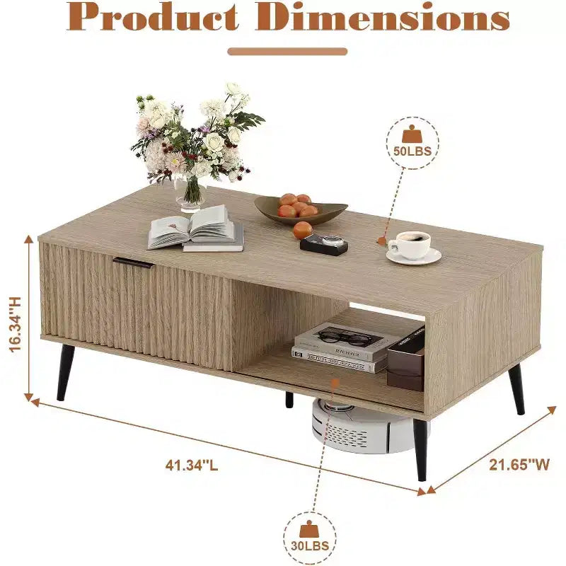 41.3 Wooden Coffee Table with Dual-Tier Storage, Wavy Sliding Doors, Rustic Farmhouse Rectangular Table for Living Room & Office