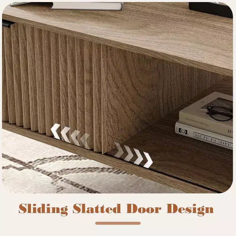 41.3 Wooden Coffee Table with Dual-Tier Storage, Wavy Sliding Doors, Rustic Farmhouse Rectangular Table for Living Room & Office