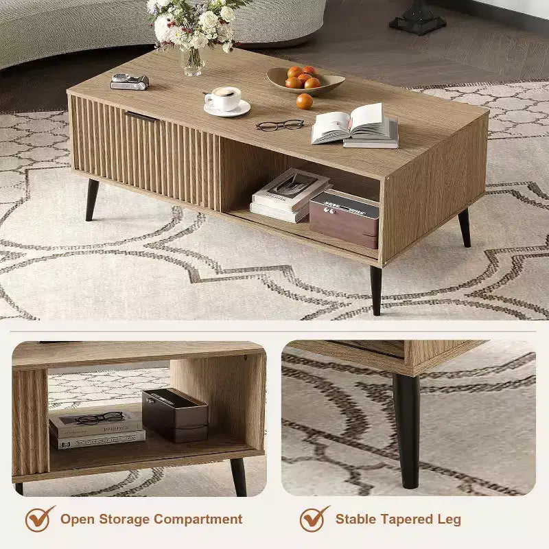 41.3 Wooden Coffee Table with Dual-Tier Storage, Wavy Sliding Doors, Rustic Farmhouse Rectangular Table for Living Room & Office