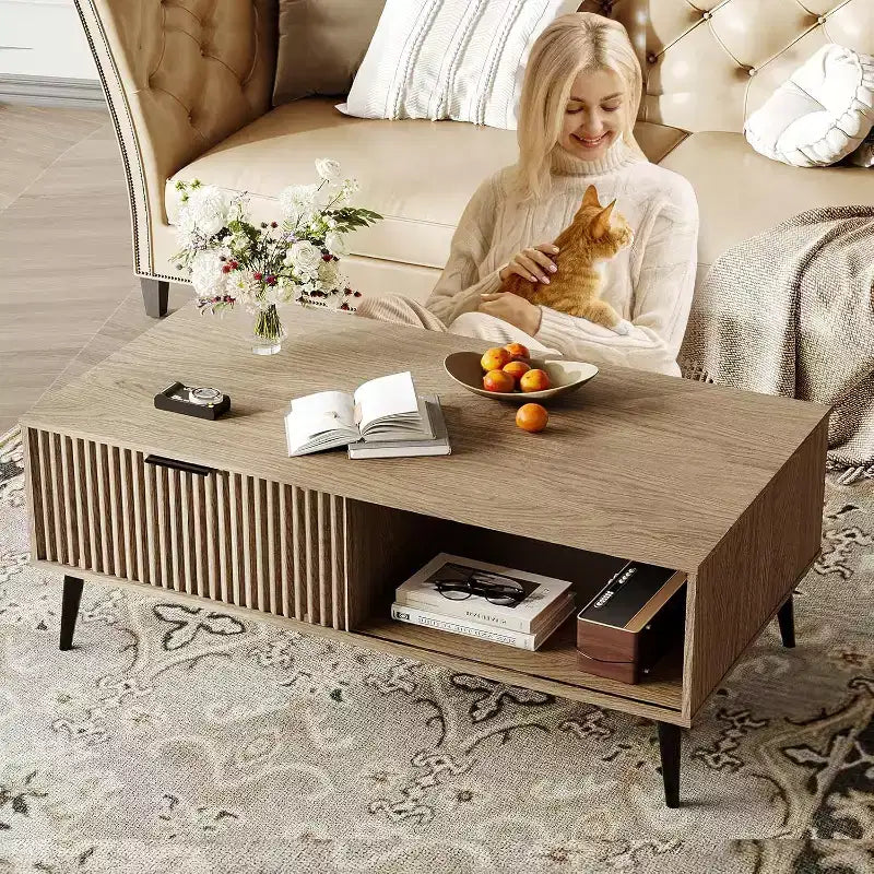 41.3 Wooden Coffee Table with Dual-Tier Storage, Wavy Sliding Doors, Rustic Farmhouse Rectangular Table for Living Room & Office