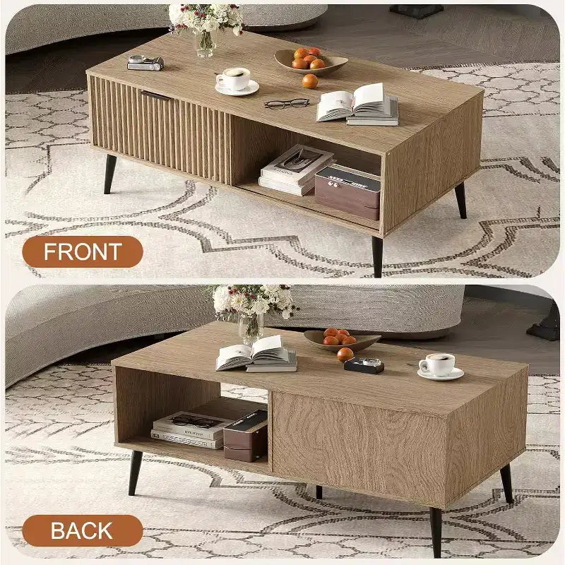 41.3 Wooden Coffee Table with Dual-Tier Storage, Wavy Sliding Doors, Rustic Farmhouse Rectangular Table for Living Room & Office