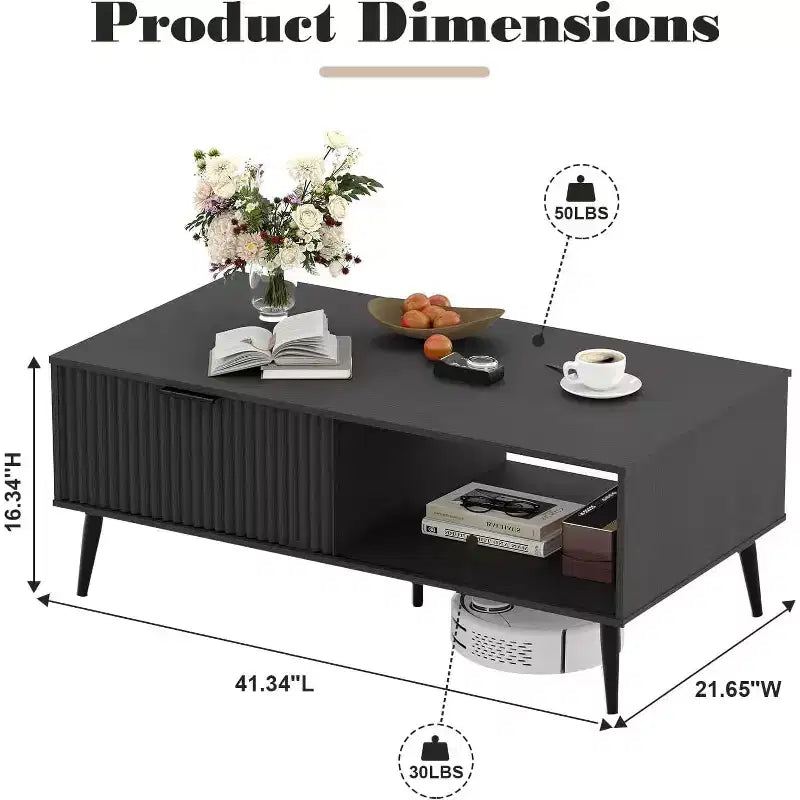 41.3 Wooden Coffee Table with Dual-Tier Storage, Wavy Sliding Doors, Rustic Farmhouse Rectangular Table for Living Room & Office