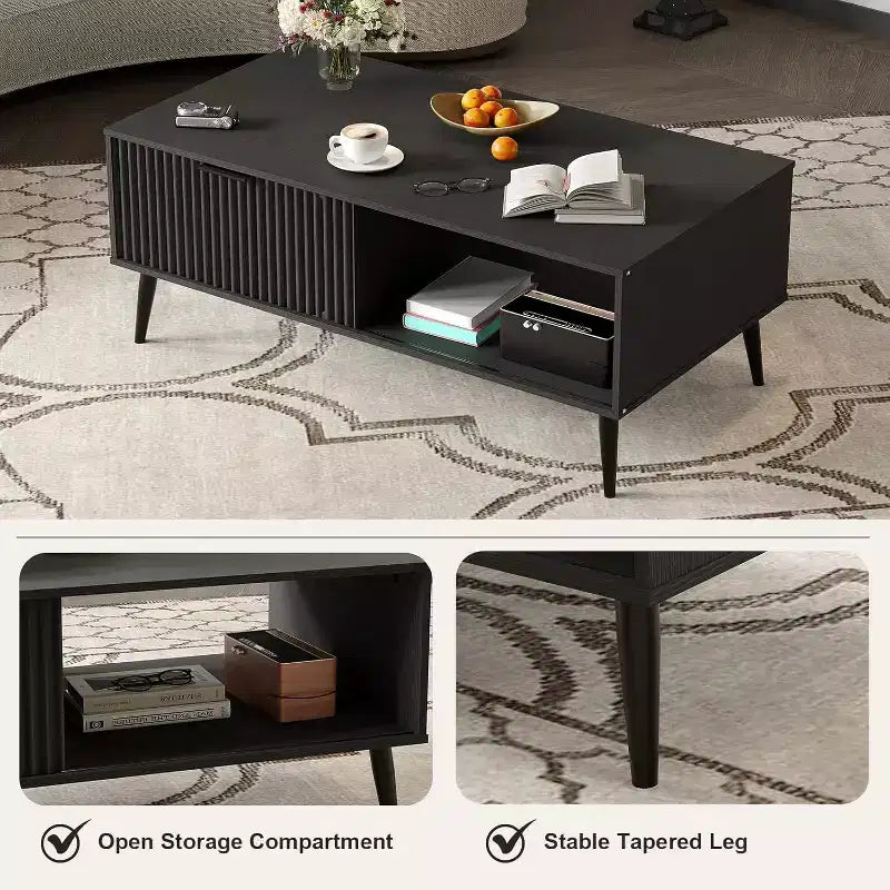 41.3 Wooden Coffee Table with Dual-Tier Storage, Wavy Sliding Doors, Rustic Farmhouse Rectangular Table for Living Room & Office