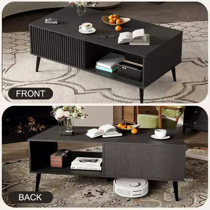 41.3 Wooden Coffee Table with Dual-Tier Storage, Wavy Sliding Doors, Rustic Farmhouse Rectangular Table for Living Room & Office