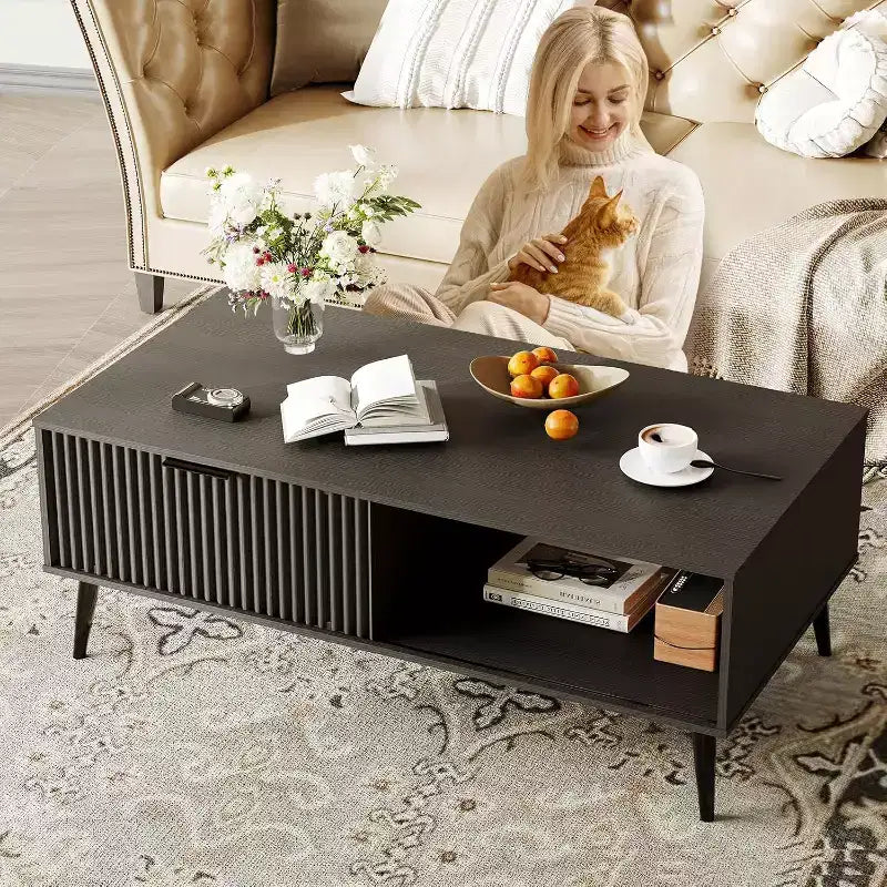 41.3 Wooden Coffee Table with Dual-Tier Storage, Wavy Sliding Doors, Rustic Farmhouse Rectangular Table for Living Room & Office
