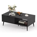 41.3 Wooden Coffee Table with Dual-Tier Storage, Wavy Sliding Doors, Rustic Farmhouse Rectangular Table for Living Room & Office