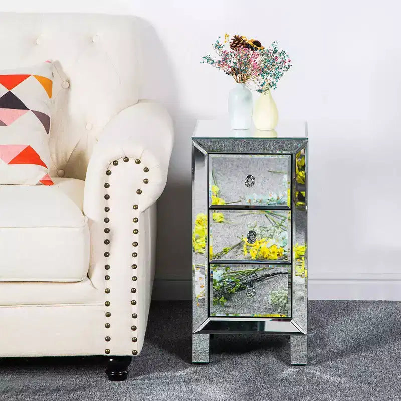 Mirror Bedside Table With 3-Drawer Bedside Cabinet Modern Stylish Nightstand Storage Cabinet