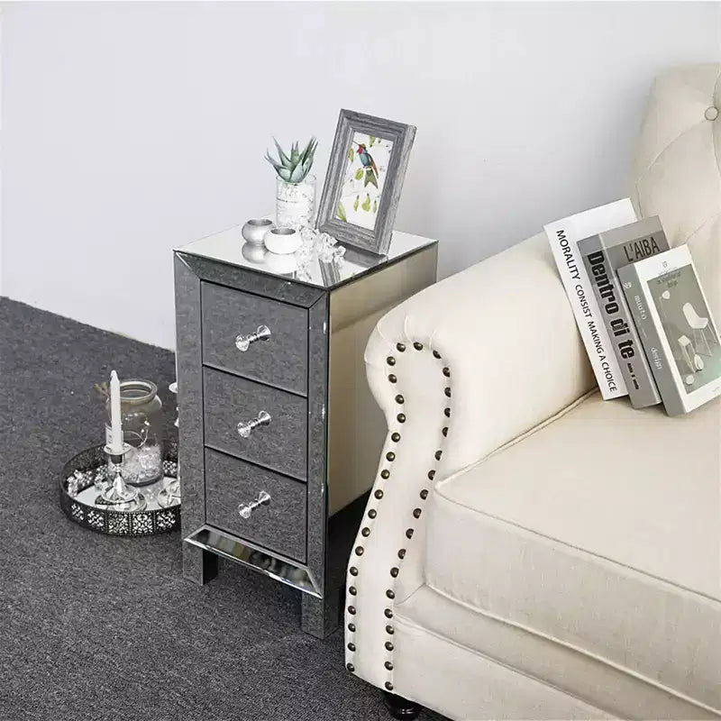 Mirror Bedside Table With 3-Drawer Bedside Cabinet Modern Stylish Nightstand Storage Cabinet