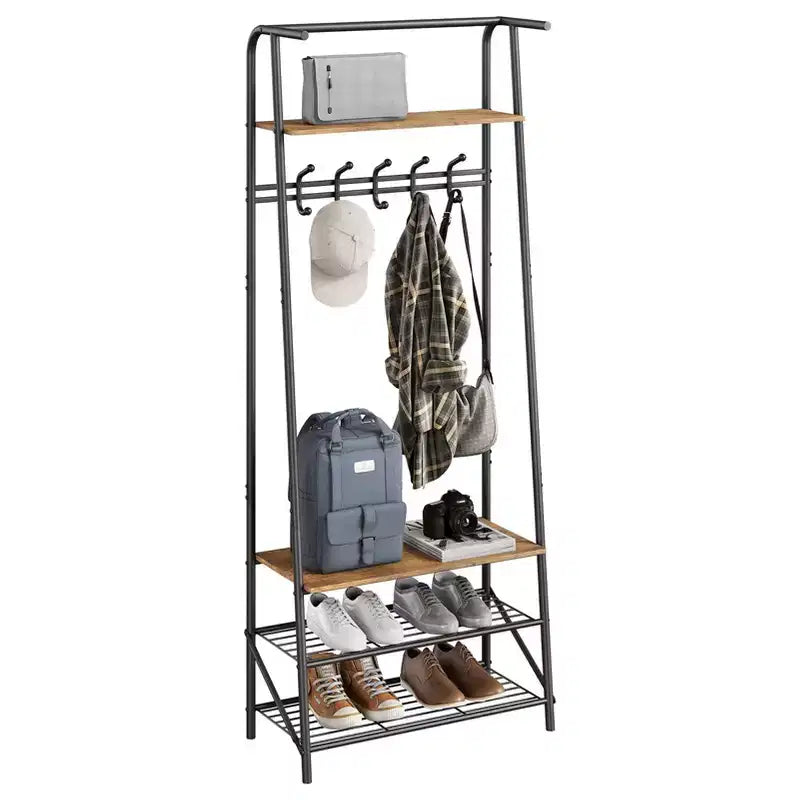 Hall Trees Entryway Bench with Storage, Multifunctional Hallway Organizer, Wood Look Accent Furniture with Metal Frame (5 hooks-25.2 in)