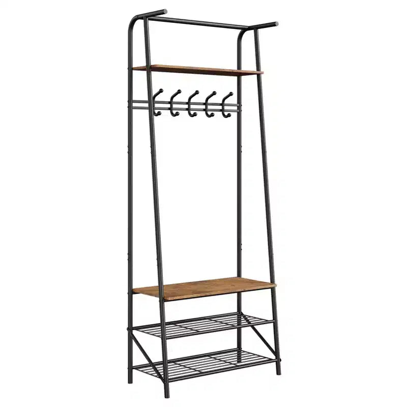 Hall Trees Entryway Bench with Storage, Multifunctional Hallway Organizer, Wood Look Accent Furniture with Metal Frame (5 hooks-25.2 in)