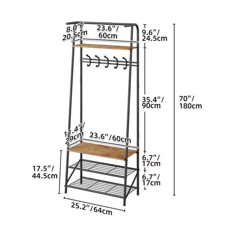 Hall Trees Entryway Bench with Storage, Multifunctional Hallway Organizer, Wood Look Accent Furniture with Metal Frame (5 hooks-25.2 in)