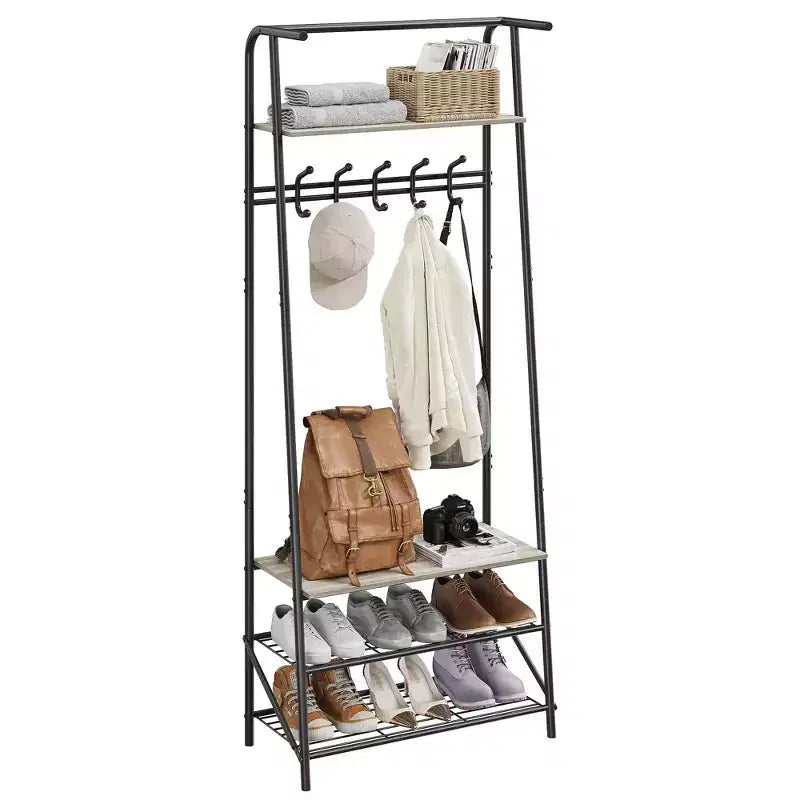 Hall Trees Entryway Bench with Storage, Multifunctional Hallway Organizer, Wood Look Accent Furniture with Metal Frame (5 hooks-25.2 in)