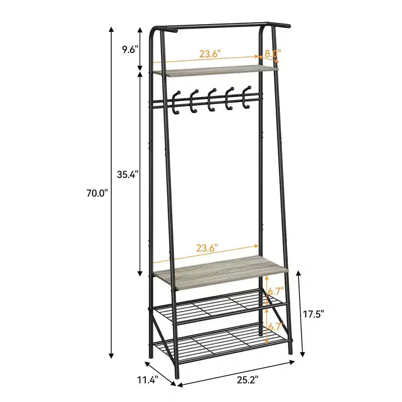 Hall Trees Entryway Bench with Storage, Multifunctional Hallway Organizer, Wood Look Accent Furniture with Metal Frame (5 hooks-25.2 in)