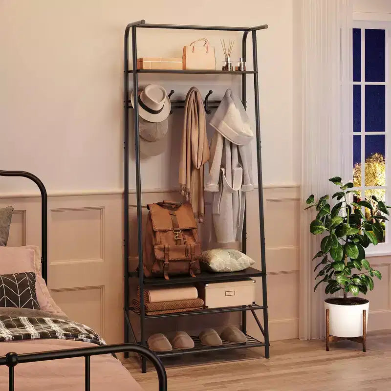 Hall Trees Entryway Bench with Storage, Multifunctional Hallway Organizer, Wood Look Accent Furniture with Metal Frame (5 hooks-25.2 in)