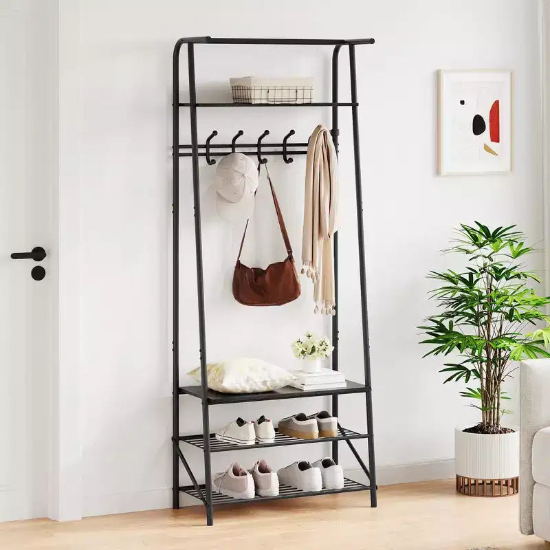 Hall Trees Entryway Bench with Storage, Multifunctional Hallway Organizer, Wood Look Accent Furniture with Metal Frame (5 hooks-25.2 in)