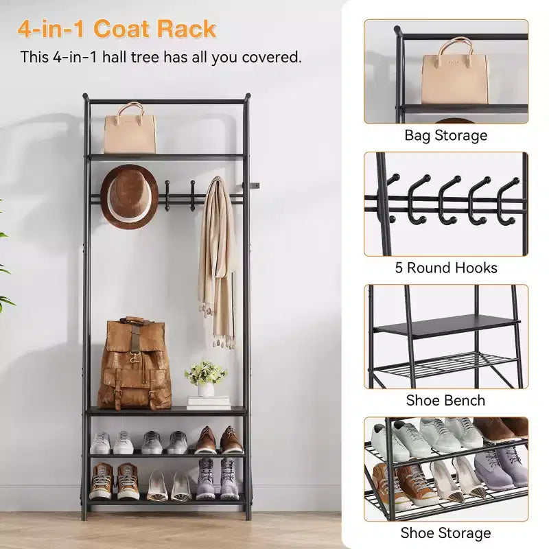 Hall Trees Entryway Bench with Storage, Multifunctional Hallway Organizer, Wood Look Accent Furniture with Metal Frame (5 hooks-25.2 in)