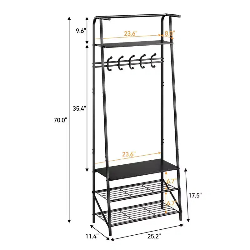 Hall Trees Entryway Bench with Storage, Multifunctional Hallway Organizer, Wood Look Accent Furniture with Metal Frame (5 hooks-25.2 in)