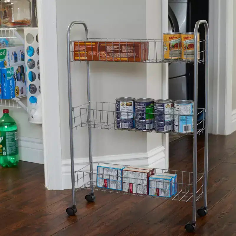 Household Essentials Slim Storage Cart, 3 Shelf Storage Cart with Wheels, Silver
