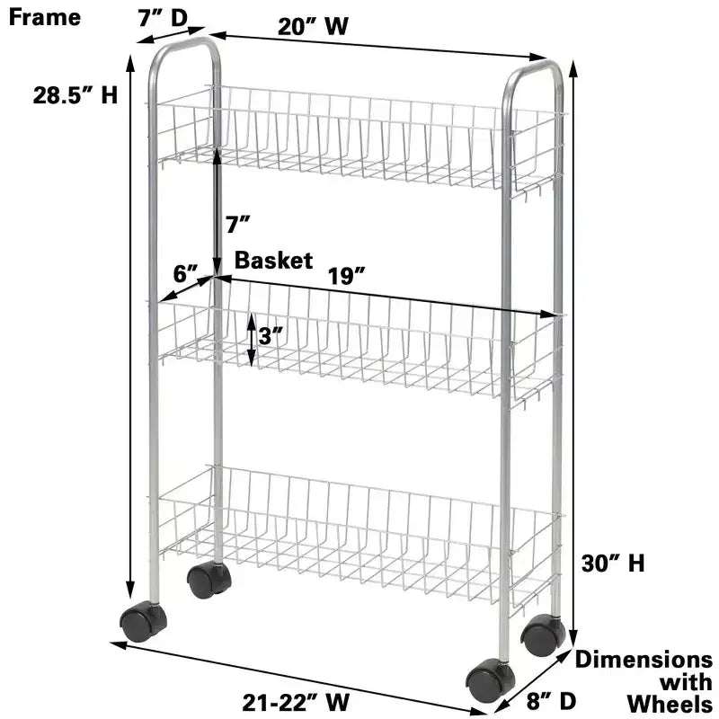 Household Essentials Slim Storage Cart, 3 Shelf Storage Cart with Wheels, Silver