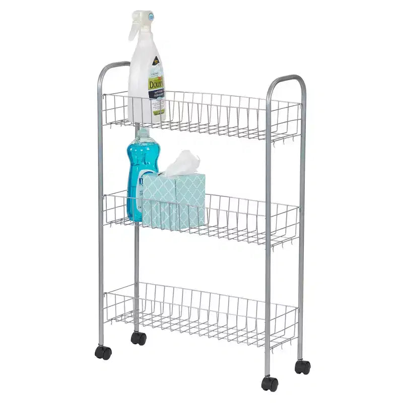 Household Essentials Slim Storage Cart, 3 Shelf Storage Cart with Wheels, Silver