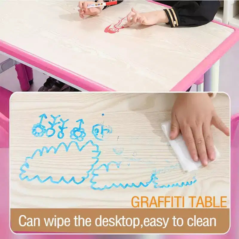 47 Modern Height Adjustable Toddler Table and 6 Chairs Set with Non-Slip Table Legs&Organizer Graffiti Desktop