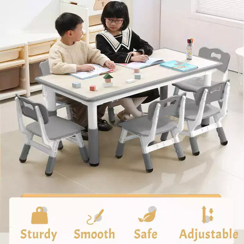 47 Modern Height Adjustable Toddler Table and 6 Chairs Set with Non-Slip Table Legs&Organizer Graffiti Desktop