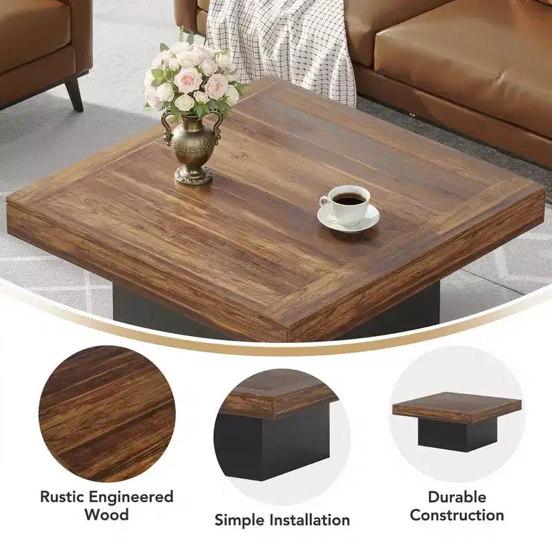 MAYEERTY Square LED Coffee Table 35.4, Rustic Industrial Living Room Table with Adjustable Light