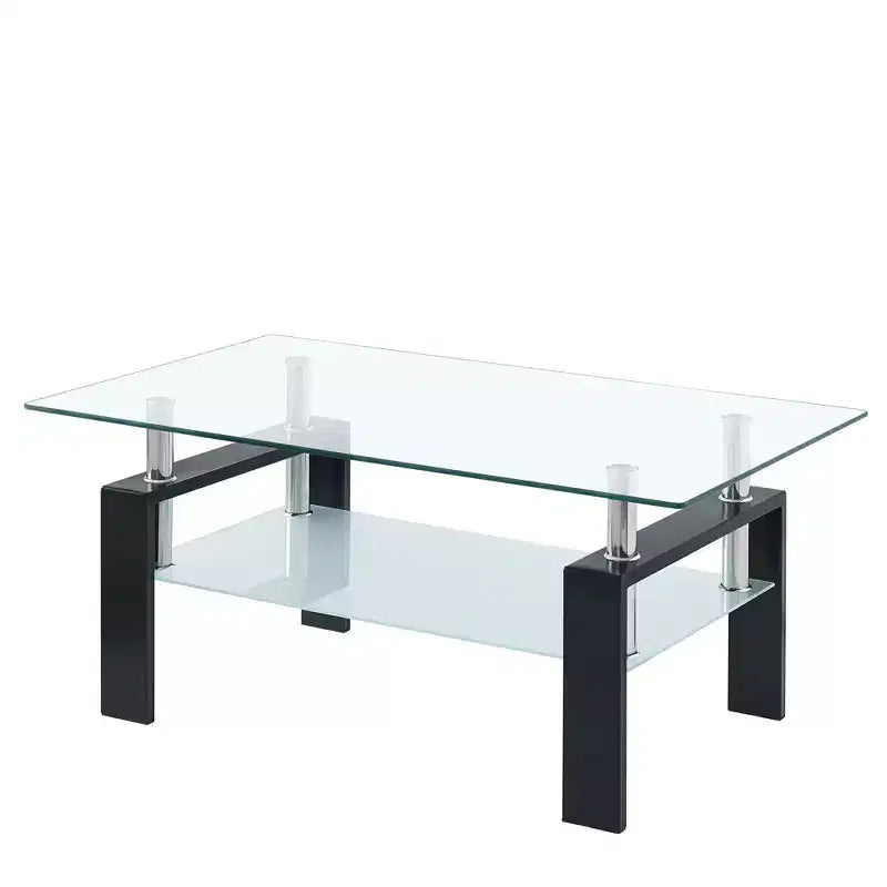 HomeRoots 39 Clear and Black Glass and Steel Coffee Table With Shelf