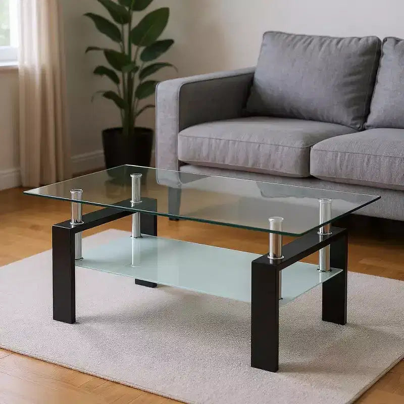 HomeRoots 39 Clear and Black Glass and Steel Coffee Table With Shelf