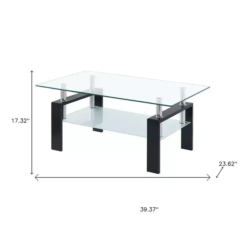 HomeRoots 39 Clear and Black Glass and Steel Coffee Table With Shelf