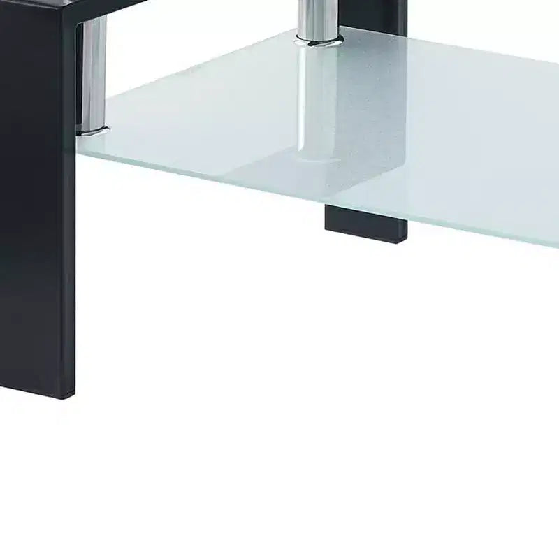 HomeRoots 39 Clear and Black Glass and Steel Coffee Table With Shelf